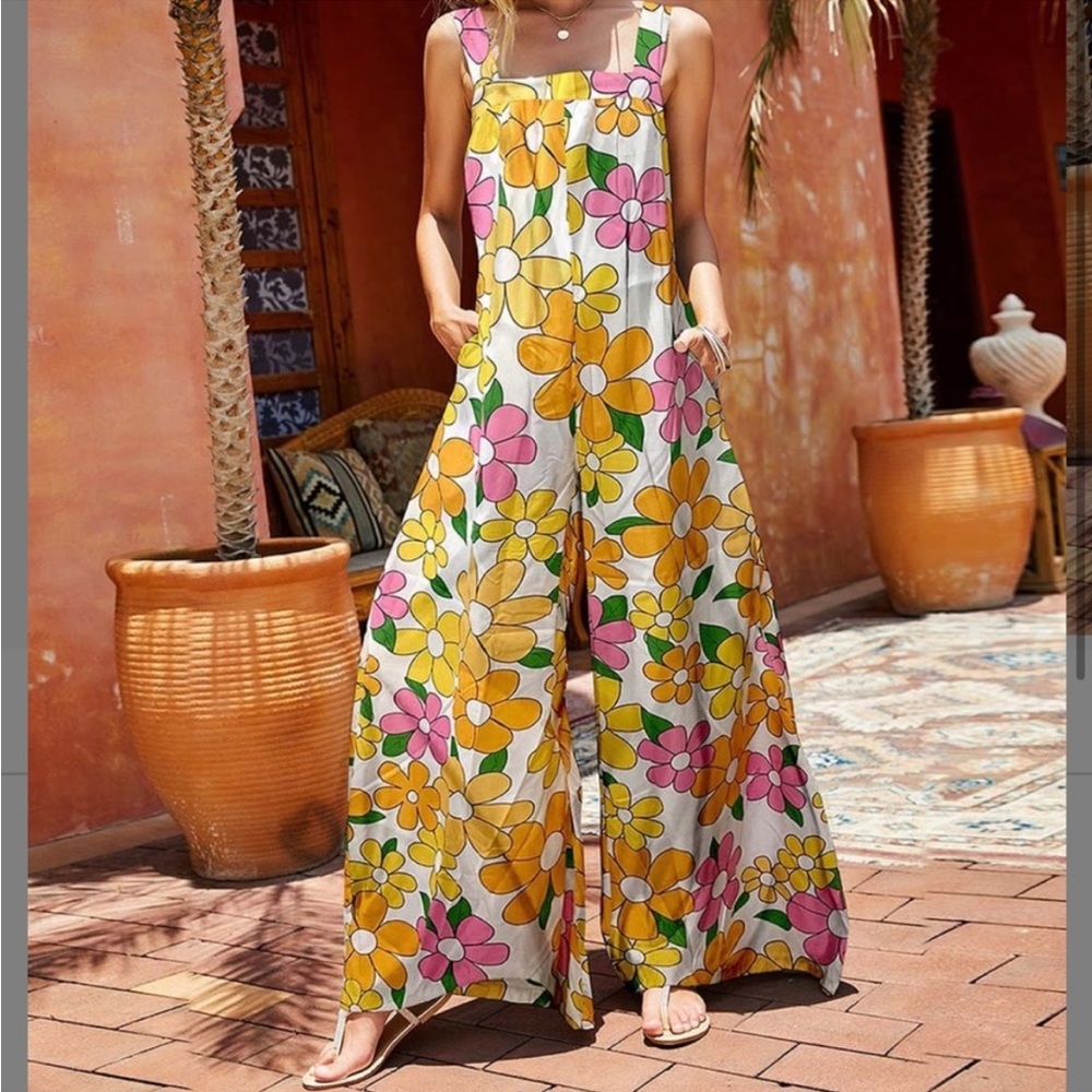Yellow Flower Pocket Palazzo Jumpsuit